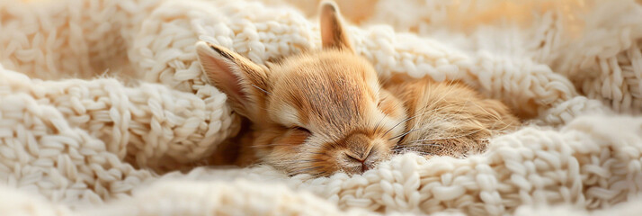 Obraz premium Bunny in blanket, comfortable rest on sofa, domestic pet in warm fluff