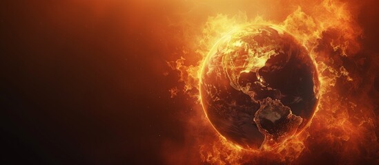 Earth globe burning into flame from heat of the sun, global warming concept, increasing global temperature.