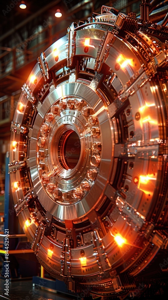 Poster a large circular particle accelerator, illuminated with orange lights