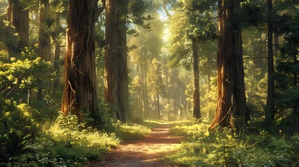 A serene forest scene with towering redwood trees, sunlight filtering through the leaves, and an empty dirt path leading into the distance. captures nature's tranquility.
