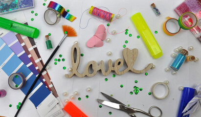 nähen, schere, papier, handwerk, tool, faden, kunst, kugelschreiber