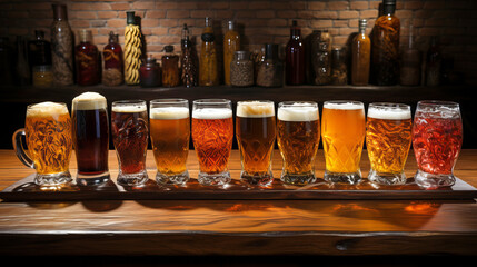 Variety of beer in glasses on the wooden counter in a pub. Beer tasting.