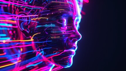 neon face design for disco party. A futuristic, neon-lit face with vibrant, glowing lines in shades of blue, pink, green, and yellow radiating from it, creating a dynamic and energetic visual impact