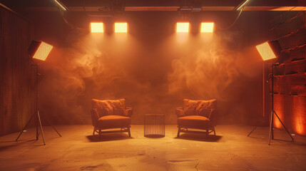Dramatic Interview Set with Orange Lighting and Smoke