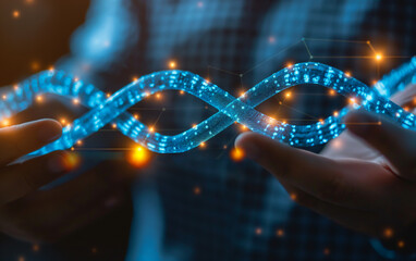 Hands holding glowing digital DNA strand