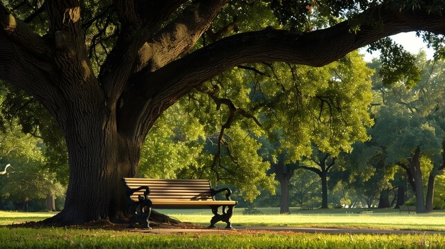 A tranquil park bench under a large oak tree symbolizes the fulfillment from a lifetime of teaching.