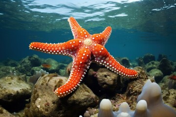 Bright red starfish with white spots clings to a coral rock under clear blue water