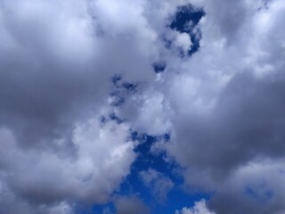 Clear blue sky texture and white fluffy cloud nature background. The sun shines bright in the daytime in summer