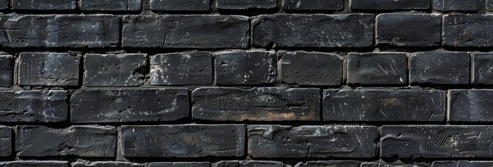 Fototapeta premium A close-up view of a dark, weathered brick wall with mortar