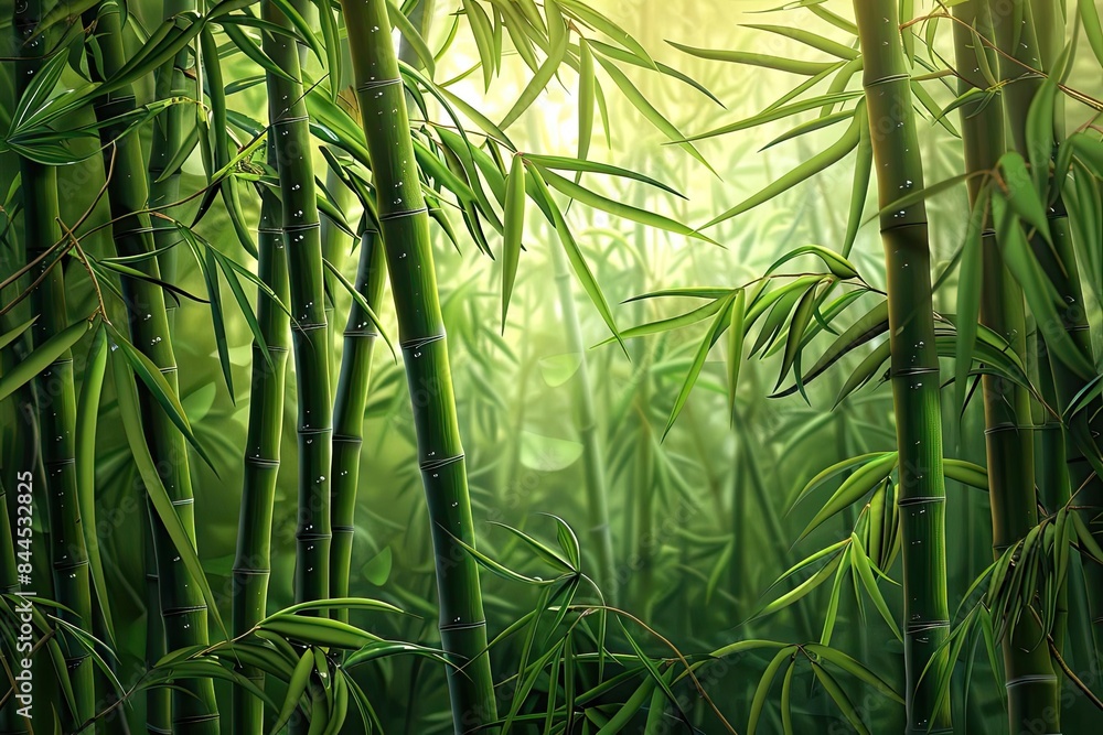 Poster Serene bamboo forest with sunlight filtering through dense green leaves, creating a tranquil and refreshing natural scenery.