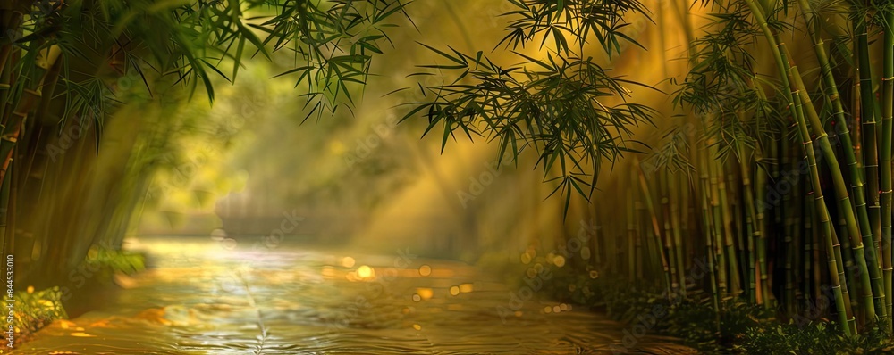 Poster serene bamboo forest with sunlight filtering through the trees onto a calm river, creating a tranqui