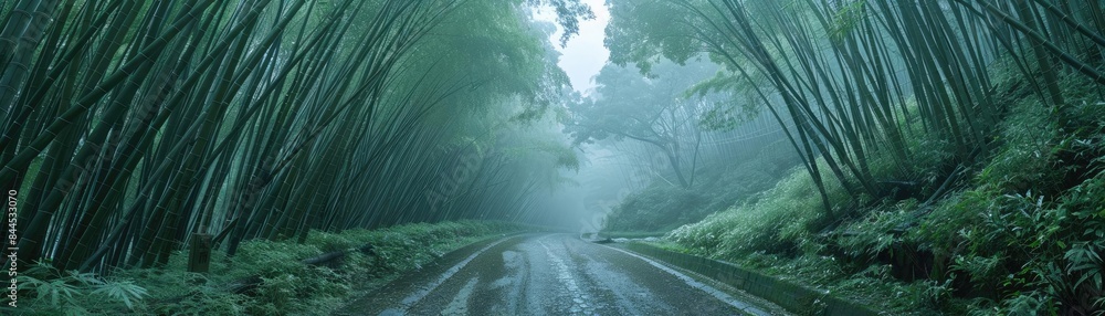 Aufkleber a serene view of a misty forest road surrounded by tall, lush greenery, creating a peaceful and ench
