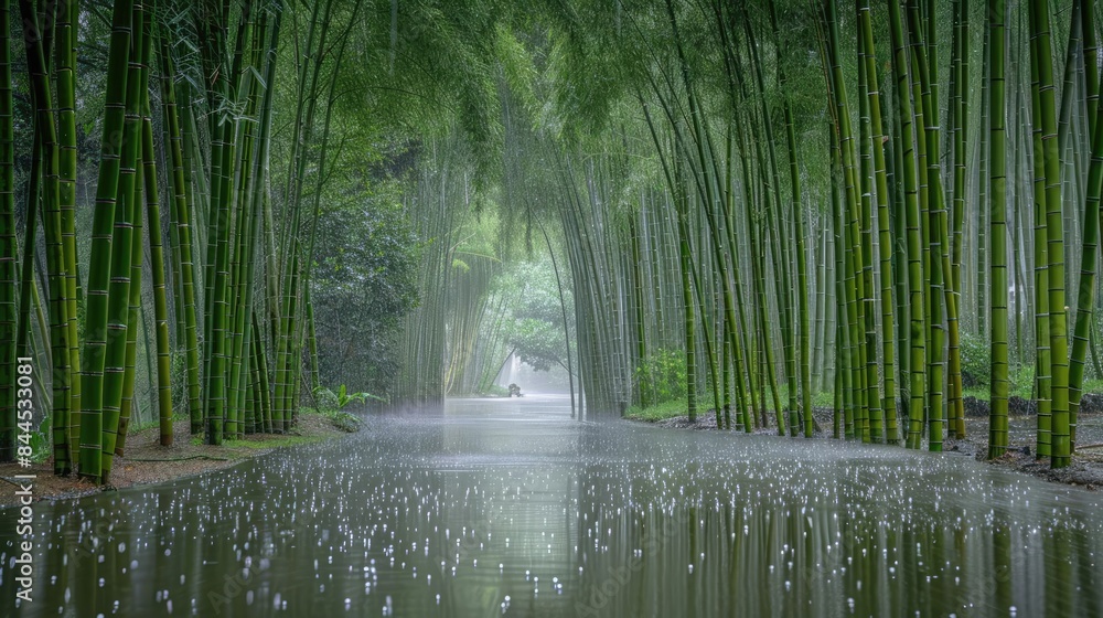 Aufkleber serene bamboo forest pathway during rainfall, creating a tranquil and calming natural landscape scen