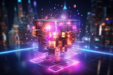 AI-Powered Neon Cubes: Futuristic Isometric Glass Structures, Enchanting Purple Glow, Cybernetic...