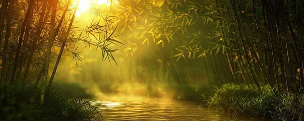 Obraz premium Serene sunrise in a lush bamboo forest, illuminating a peaceful stream flowing through the greenery, evoking tranquility and natural beauty.