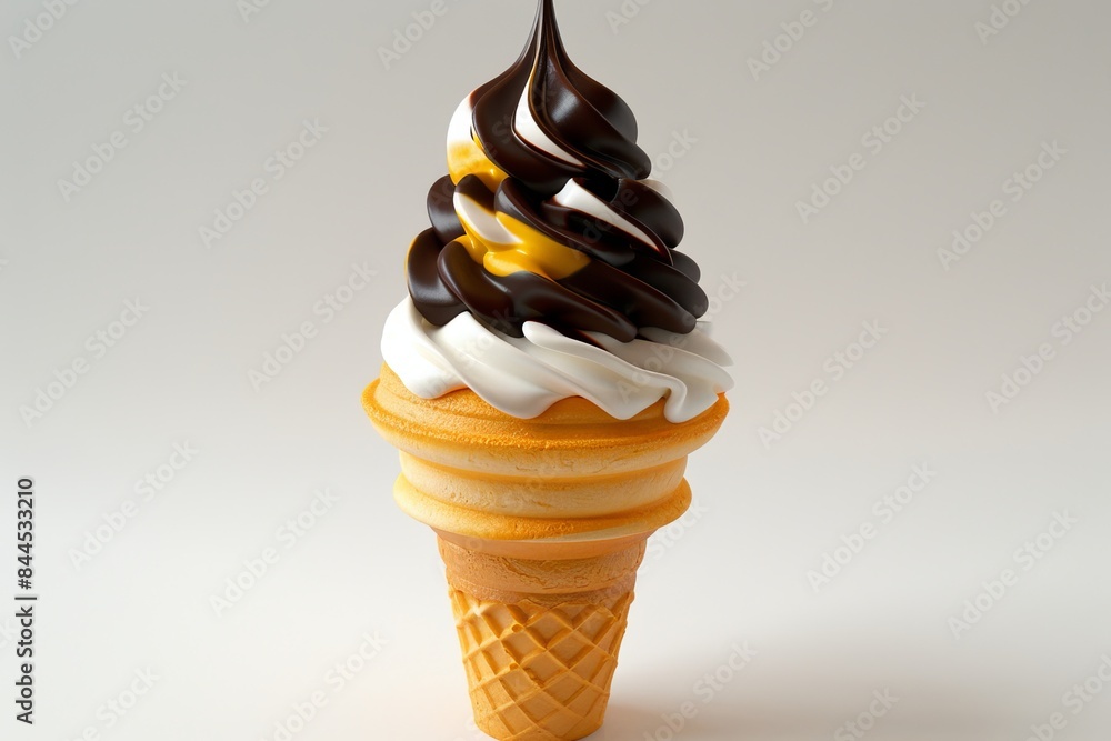 Poster elegant vanilla soft serve ice cream with chocolate drizzle, presented in a cone for a classic and d