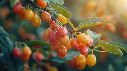   Berries on a leafy branch under sunlight