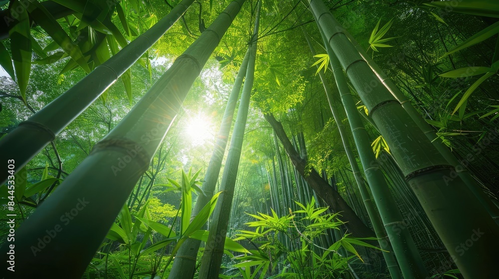 Aufkleber sunlight filters through the lush green leaves of a serene bamboo forest, creating a peaceful and ca