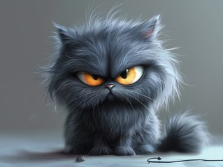 Fluffy grey cartoon cat, grumpy expression, clean background, humorous tone
