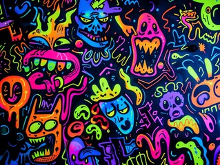 Fun doodles, bright neon colors, black background, playful graffiti style