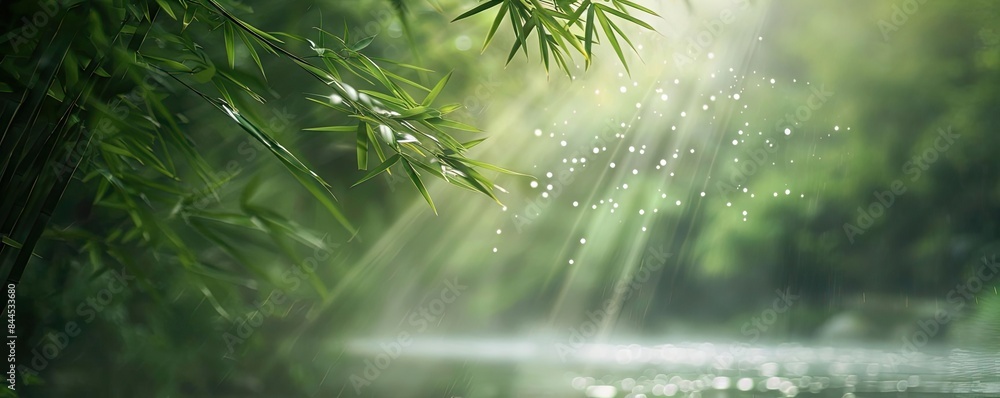 Poster Sun rays filtering through lush bamboo forest creating serene atmosphere with light reflecting off dew-covered leaves in natural landscape.