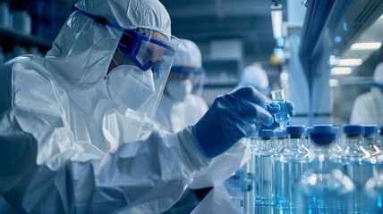 Capture the precision of scientific research with a close-up shot of a scientist in protective gear, carefully applying blue liquid to vials on the production line in his laboratory