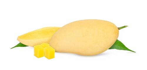 Mango fruits with slices and leaves isolated on white background.