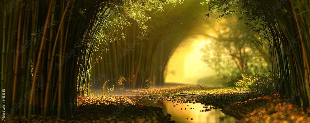 Poster Enchanting forest path illuminated by golden sunlight, surrounded by tall trees, creating a serene and mystical atmosphere.