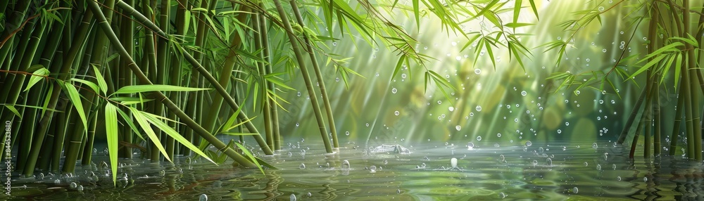 Aufkleber serene bamboo forest with sunlight filtering through leaves, reflecting on calm water during a light