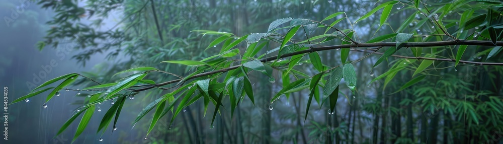 Aufkleber serene bamboo forest with green leaves and raindrops on branches. misty background enhances the peac