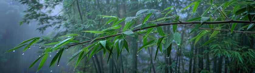 Fototapeta premium Serene bamboo forest with green leaves and raindrops on branches. Misty background enhances the peaceful and calming natural scene.