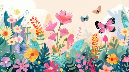 Colorful garden with flowers, butterflies, and birds flying over it a vibrant nature retreat