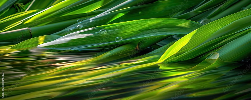 Poster close-up of vibrant green blades of grass with sunlight casting beautiful highlights and shadows, cr