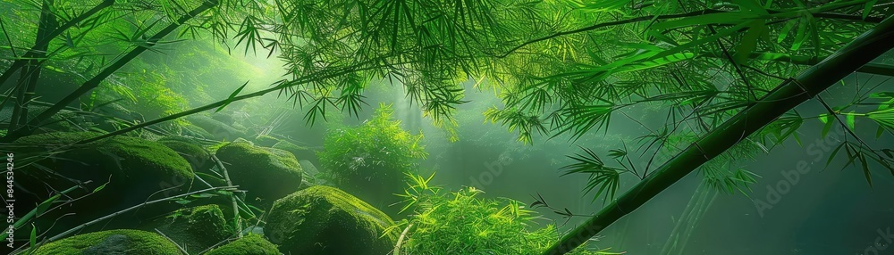 Aufkleber lush green bamboo forest with sunlight filtering through leaves, creating tranquil and serene natura
