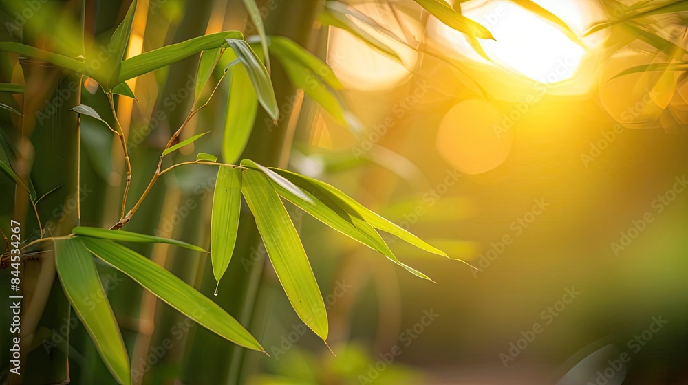 Poster close-up of bamboo leaves with sunlight shining through, creating a serene and tranquil atmosphere i