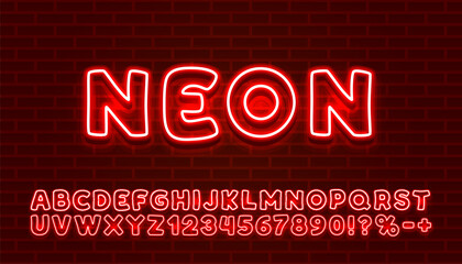 Neon city color red font. English alphabet and numbers sign. Vector illustration