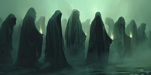 Shadows of the Cult: Cloaked Figures Convene for a Mysterious Gathering, Draped in Slate Gray.