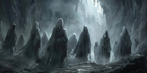 Shadows of the Cult: Cloaked Figures Convene for a Mysterious Gathering, Draped in Slate Gray.