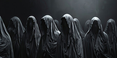 Shadows of the Cult: Cloaked Figures Convene for a Mysterious Gathering, Draped in Slate Gray.