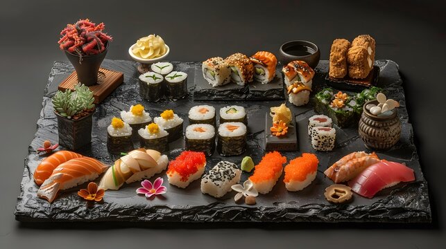 An ultrarealistic photograph of a sushi platter featuring assorted pieces like nigiri and maki rolls, meticulously arranged on a slate slab with a black backdrop.