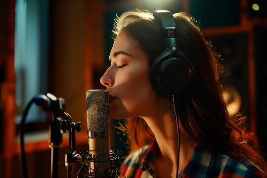 photo of a woman with headphones recording a song in the studio