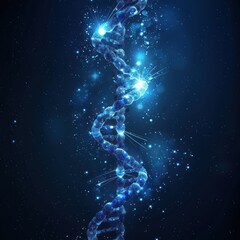 Fototapeta premium Abstract depiction of a DNA double helix structure with glowing blue particles on a dark background.