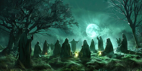 Cultists in the Grove: Cloaked Figures Performing Ancient Rituals Under Moonlight, Bathed in Emerald