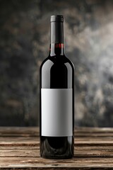 Fototapeta premium A Single Bottle of Red Wine With a Blank Label on a Wooden Surface