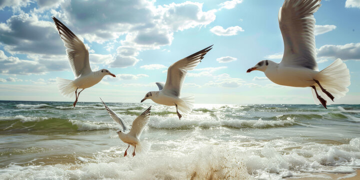 A group of seagulls aggressively swooping down on beachgoers, trying to snatch food