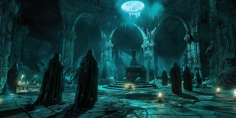 Moonlit Rituals: Azure Sanctum of Chanting Cultists, Enveloped in Mysterious Shadows