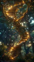 Fototapeta premium Magical winding tree adorned with glowing lights in an enchanting forest ambiance, creating a mystical and otherworldly scene of illuminated nature.