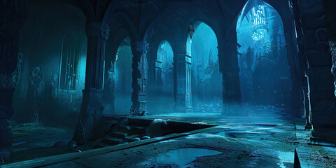 Moonlit Rituals: Azure Sanctum of Chanting Cultists, Enveloped in Mysterious Shadows