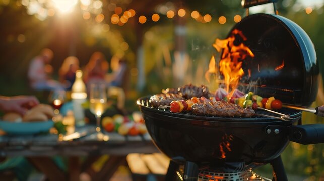 Ambiance of friends enjoying an outdoor gathering with a barbecue grill in action.