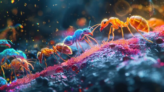 Vibrant macro shot of colorful ants on an illuminated surface, highlighting vivid details and dynamic natural interactions.